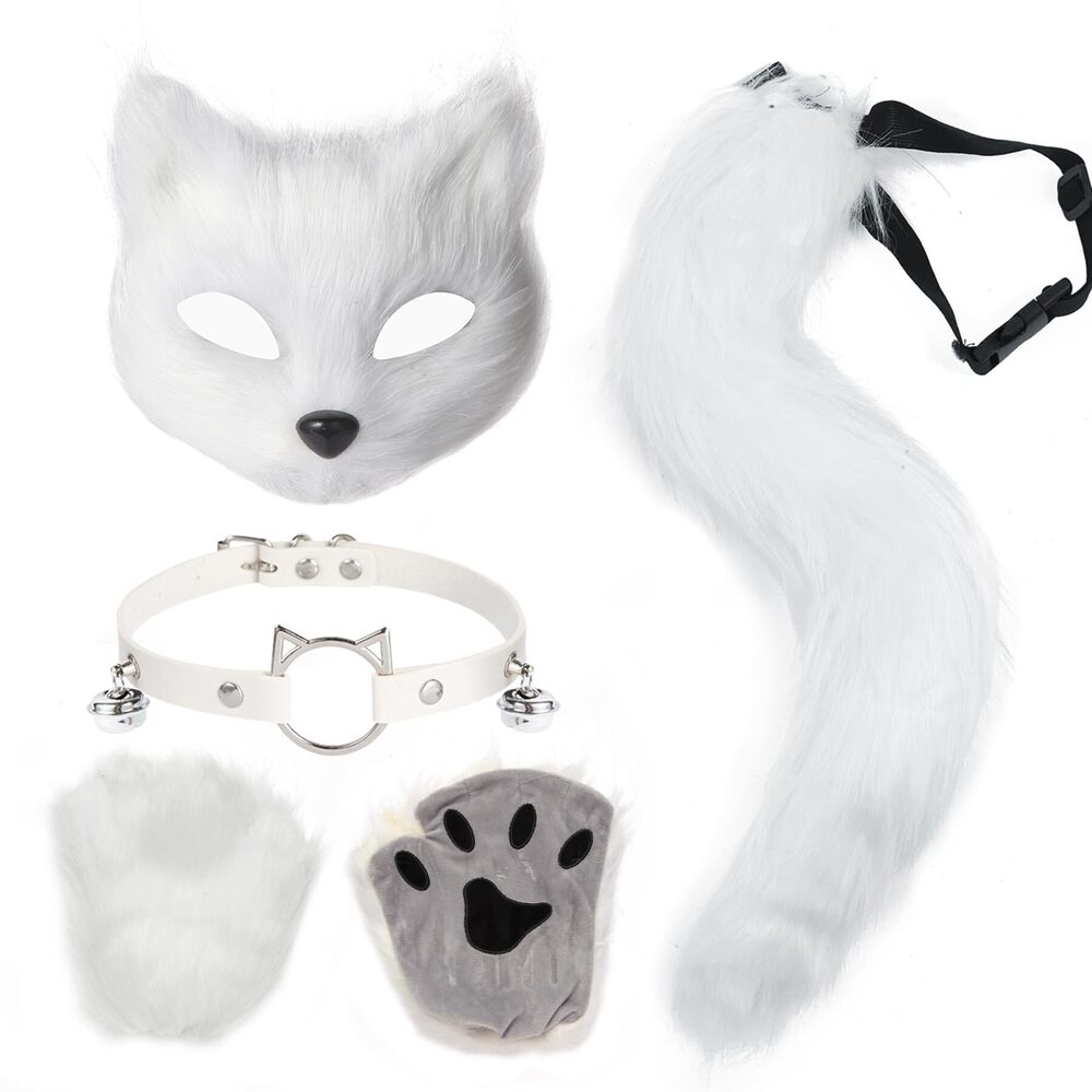 7564 4 Pcs Faux Fur Therian Mask And Tail Set For Halloween